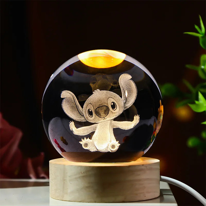 3D Crystal Ball Stitch Pikachu Kuromi Princess Hello Kitty Crystal Mini Night Lamp Desk Decoration