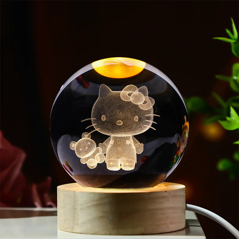 3D Crystal Ball Stitch Pikachu Kuromi Princess Hello Kitty Crystal Mini Night Lamp Desk Decoration