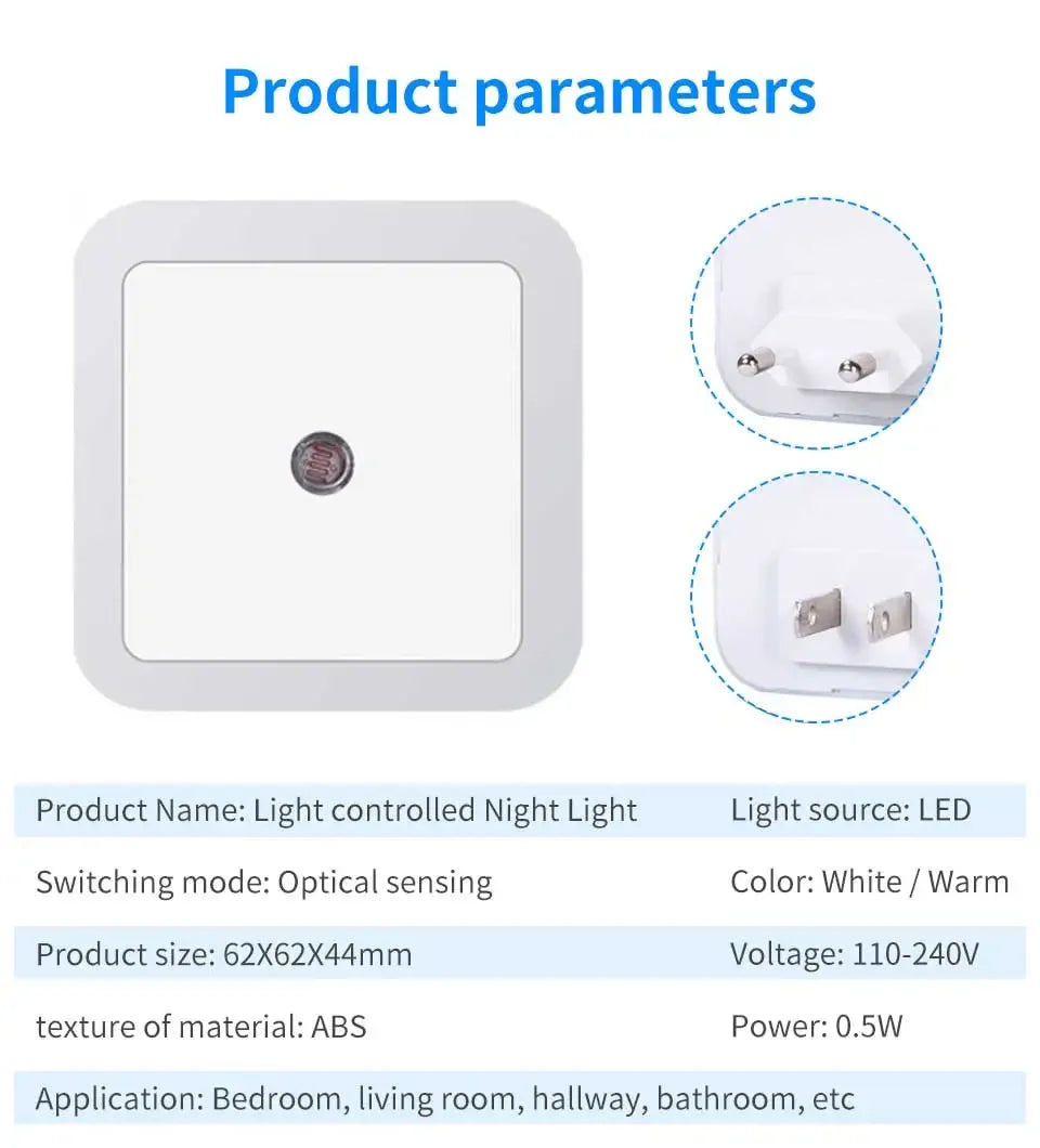 LED Night Light Smart Light Sensor Control 110-240V Plug in Wall Nightlight