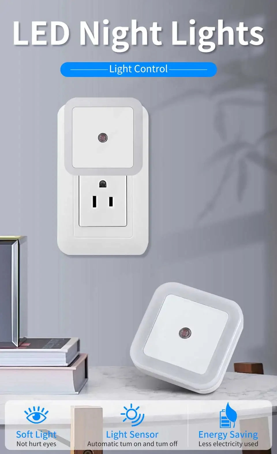 LED Night Light Smart Light Sensor Control 110-240V Plug in Wall Nightlight