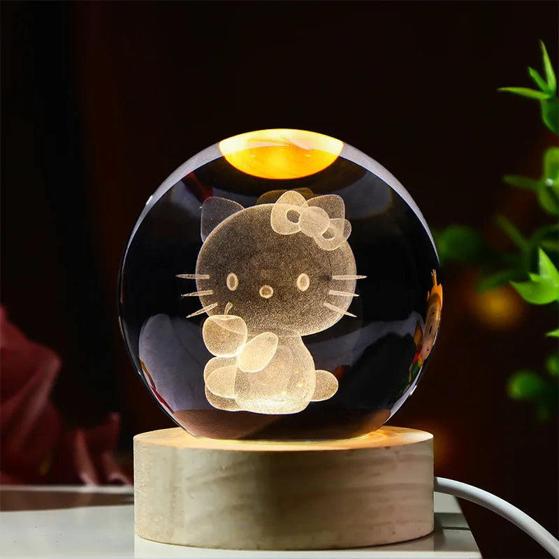 3D Crystal Ball Stitch Pikachu Kuromi Princess Hello Kitty Crystal Mini Night Lamp Desk Decoration