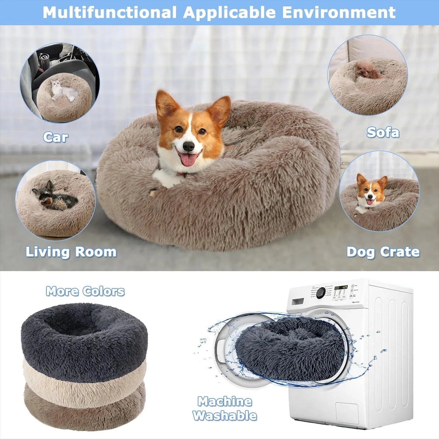 Plush Round Washable Pet Bed, Winter Warm For All Size Dogs and Cats