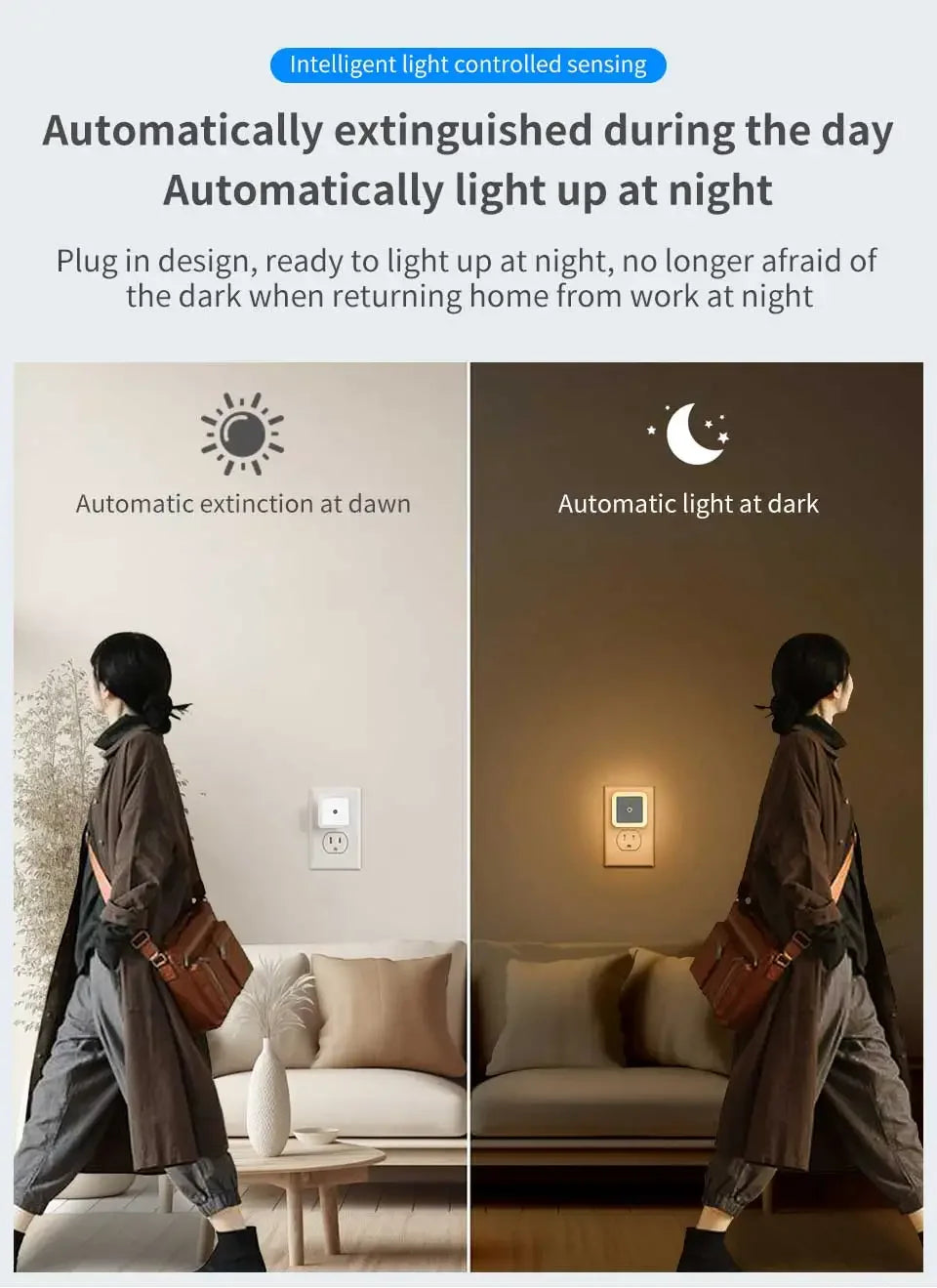 LED Night Light Smart Light Sensor Control 110-240V Plug in Wall Nightlight
