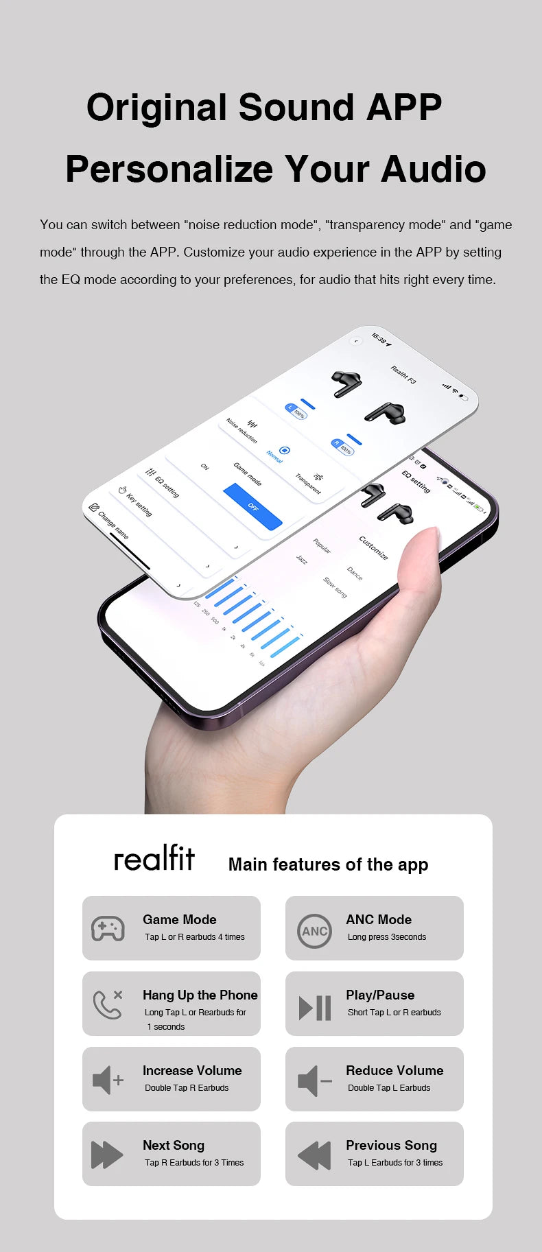 Realfit F3 ANC Active Noise Cancellation Bluetooth Earphones ENC Call HIFI Stereo Superb Bass Wireless Earbuds Sport Gaming