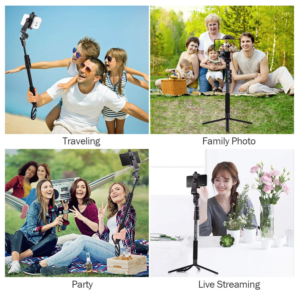 54-in Extendable Selfie Stick Tripod Stand Aluminum Alloy with Phone Holder Mount Adapter Remote Shutter
