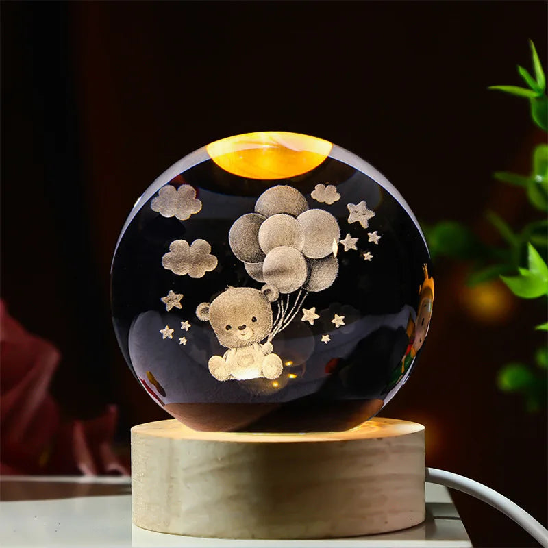 3D Crystal Ball Stitch Pikachu Kuromi Princess Hello Kitty Crystal Mini Night Lamp Desk Decoration
