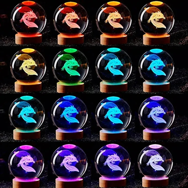 3D Axolotl and more Laser Engraved Crystal Ball Colored Night Light, Gift/Home Decoration