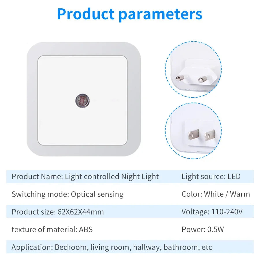 LED Night Light Smart Light Sensor Control 110-240V Plug in Wall Nightlight