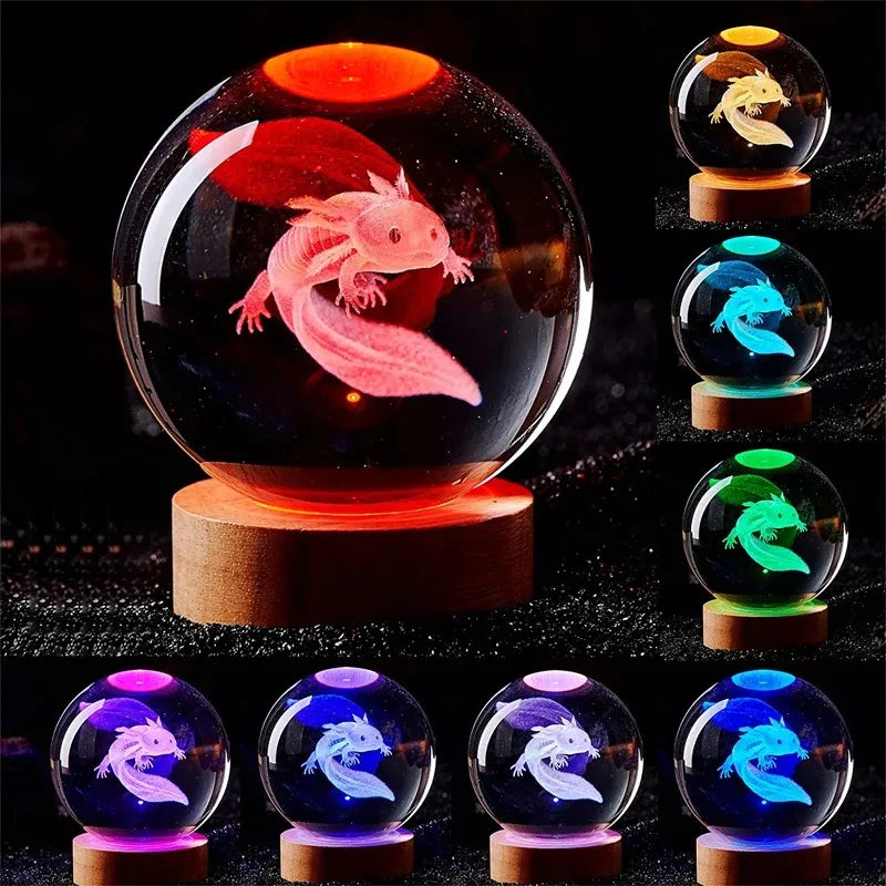 3D Axolotl and more Laser Engraved Crystal Ball Colored Night Light, Gift/Home Decoration