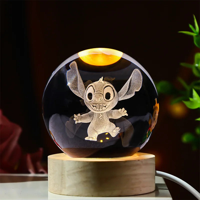 3D Crystal Ball Stitch Pikachu Kuromi Princess Hello Kitty Crystal Mini Night Lamp Desk Decoration