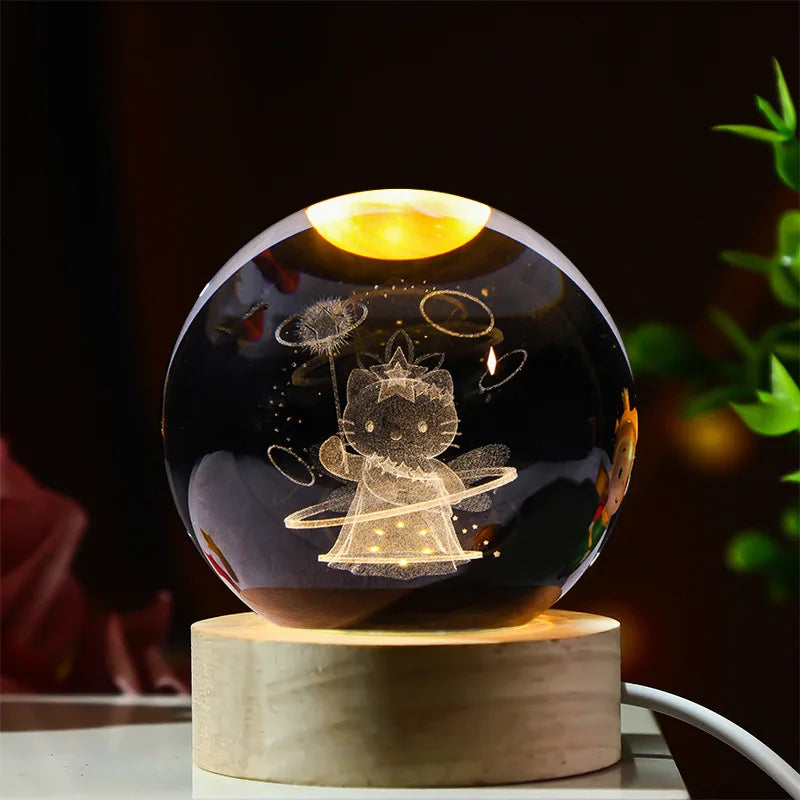 3D Crystal Ball Stitch Pikachu Kuromi Princess Hello Kitty Crystal Mini Night Lamp Desk Decoration