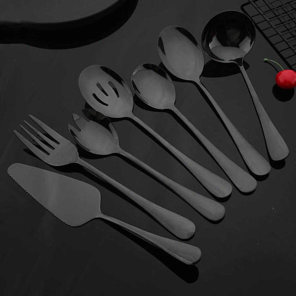 Black Stainless Steel Dinnerware Pieces Flatware Soup Spoon, Colander Spoon, Service Spoon, Salad Fork, Cake Spatula