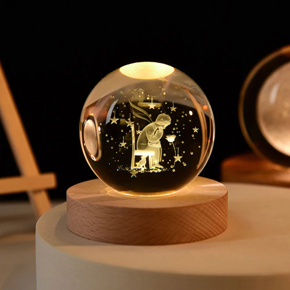 Luminous Crystal Ball LED Night Light Saturn Solar System 3D Moon and More Table Lamp USB