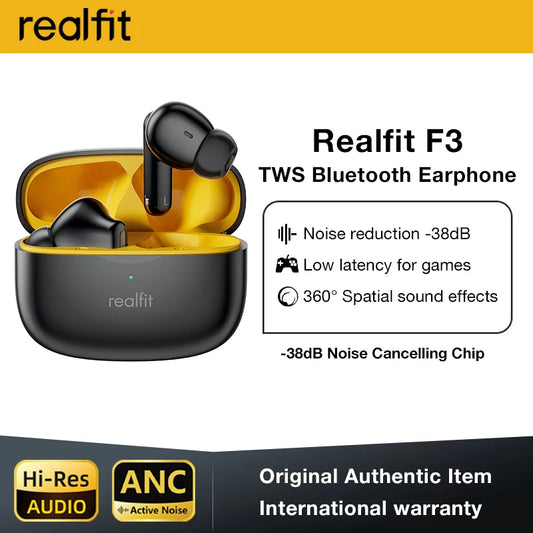 Realfit F3 ANC Active Noise Cancellation Bluetooth Earphones ENC Call HIFI Stereo Superb Bass Wireless Earbuds Sport Gaming