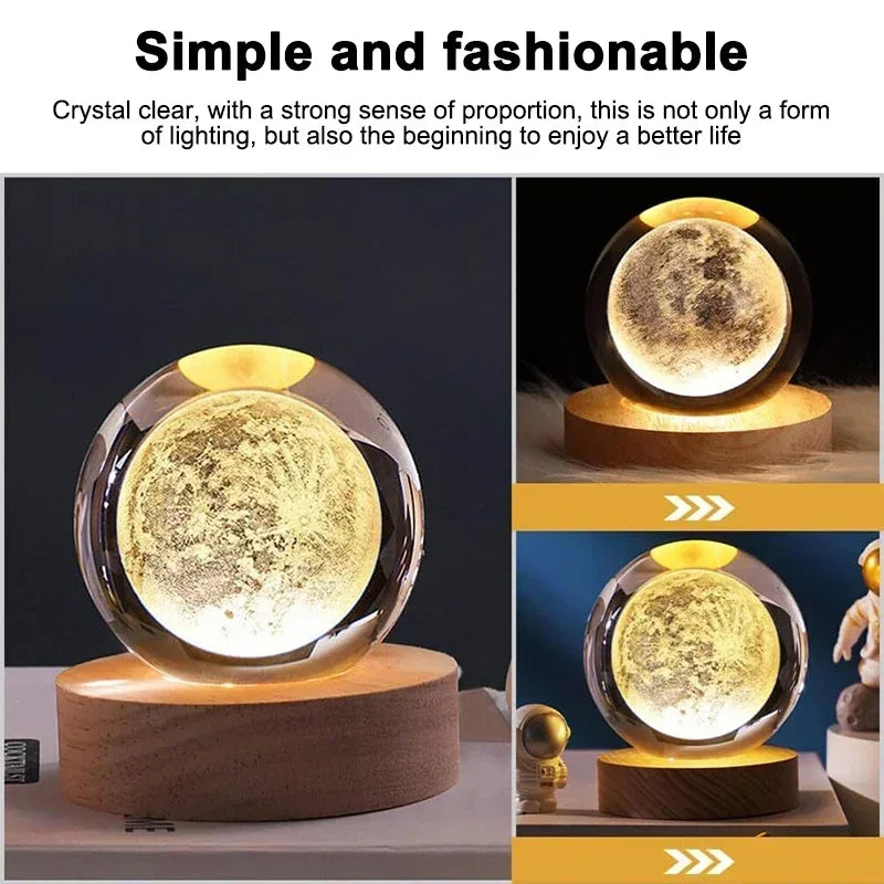 Luminous Crystal Ball LED Night Light Saturn Solar System 3D Moon and More Table Lamp USB