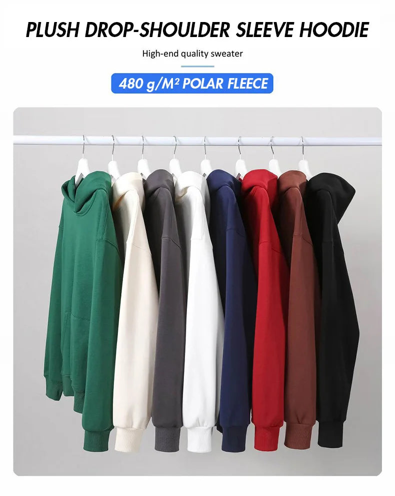 480gsm Heavy Weight Cotton Plus Velvet Hooded Sweater Thickened Tight Polar Fleece Pullover Hoodie