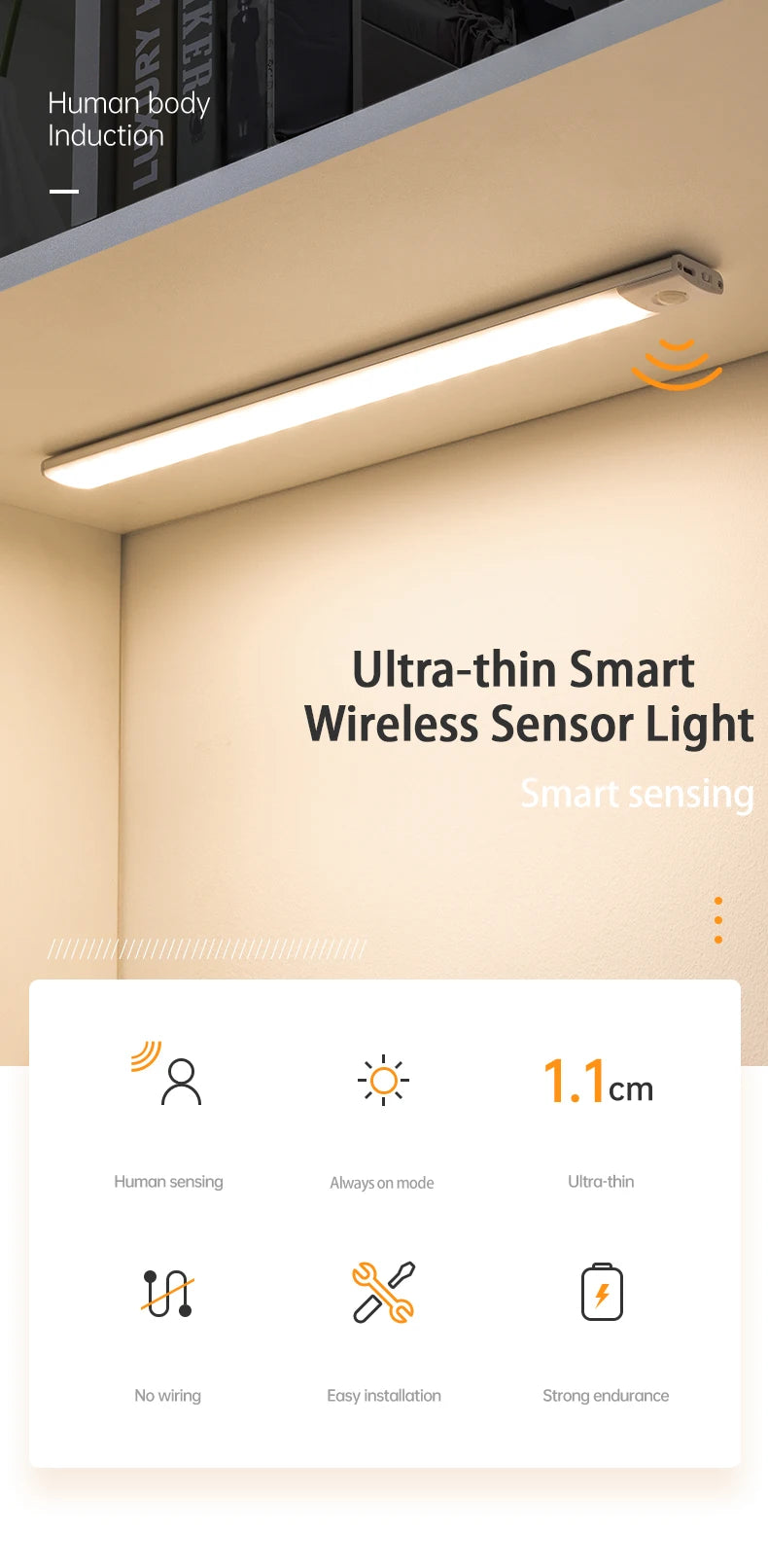 LED Cabinet Light USB Type-C Rechargeable Motion Sensor Led Lamp 10cm/20cm/30cm/40cm/50cm