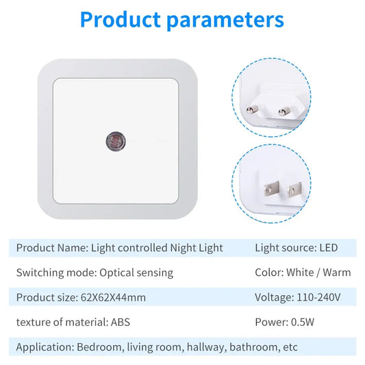 LED Night Light Smart Light Sensor Control 110-240V Plug in Wall Nightlight