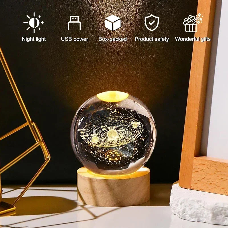 Luminous Crystal Ball LED Night Light Saturn Solar System 3D Moon and More Table Lamp USB