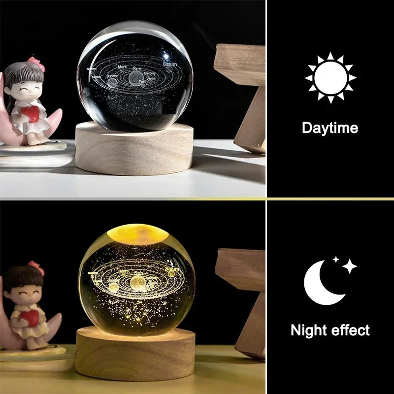 Luminous Crystal Ball LED Night Light Saturn Solar System 3D Moon and More Table Lamp USB