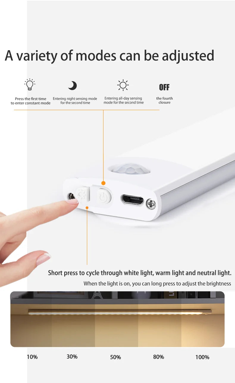 LED Cabinet Light USB Type-C Rechargeable Motion Sensor Led Lamp 10cm/20cm/30cm/40cm/50cm