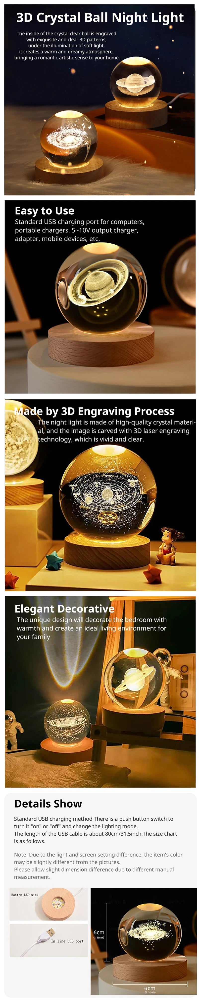 USB LED Galaxy Crystal Ball Lamp 3D Planet Moon Light Home Decor Night Light Desk Tabletop Decoration