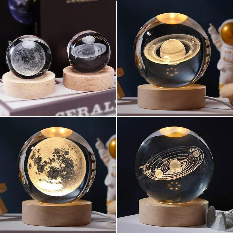 Luminous Crystal Ball LED Night Light Saturn Solar System 3D Moon and More Table Lamp USB