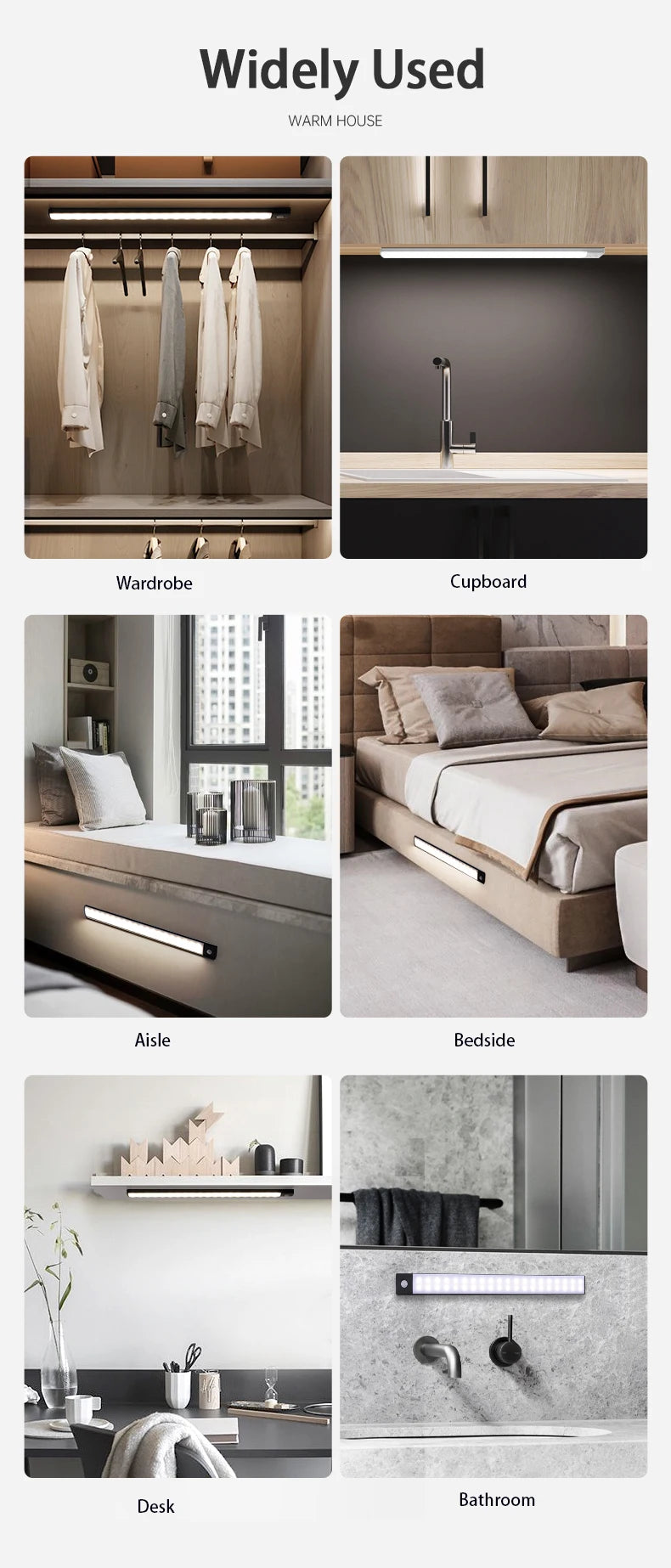 LED Cabinet Light USB Type-C Rechargeable Motion Sensor Led Lamp 10cm/20cm/30cm/40cm/50cm