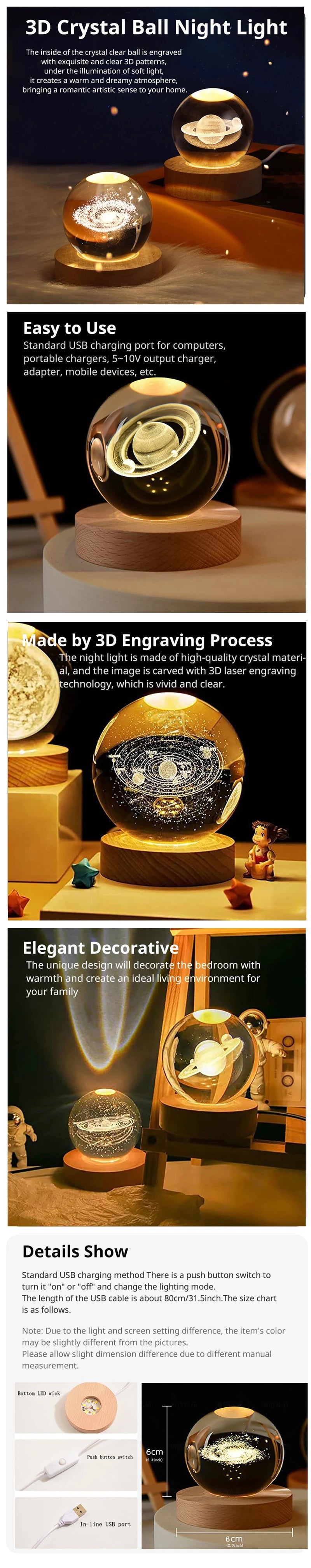LED Night Light Milky Way Galaxy Solar System Crystal Ball Night Lamp Ambient Light