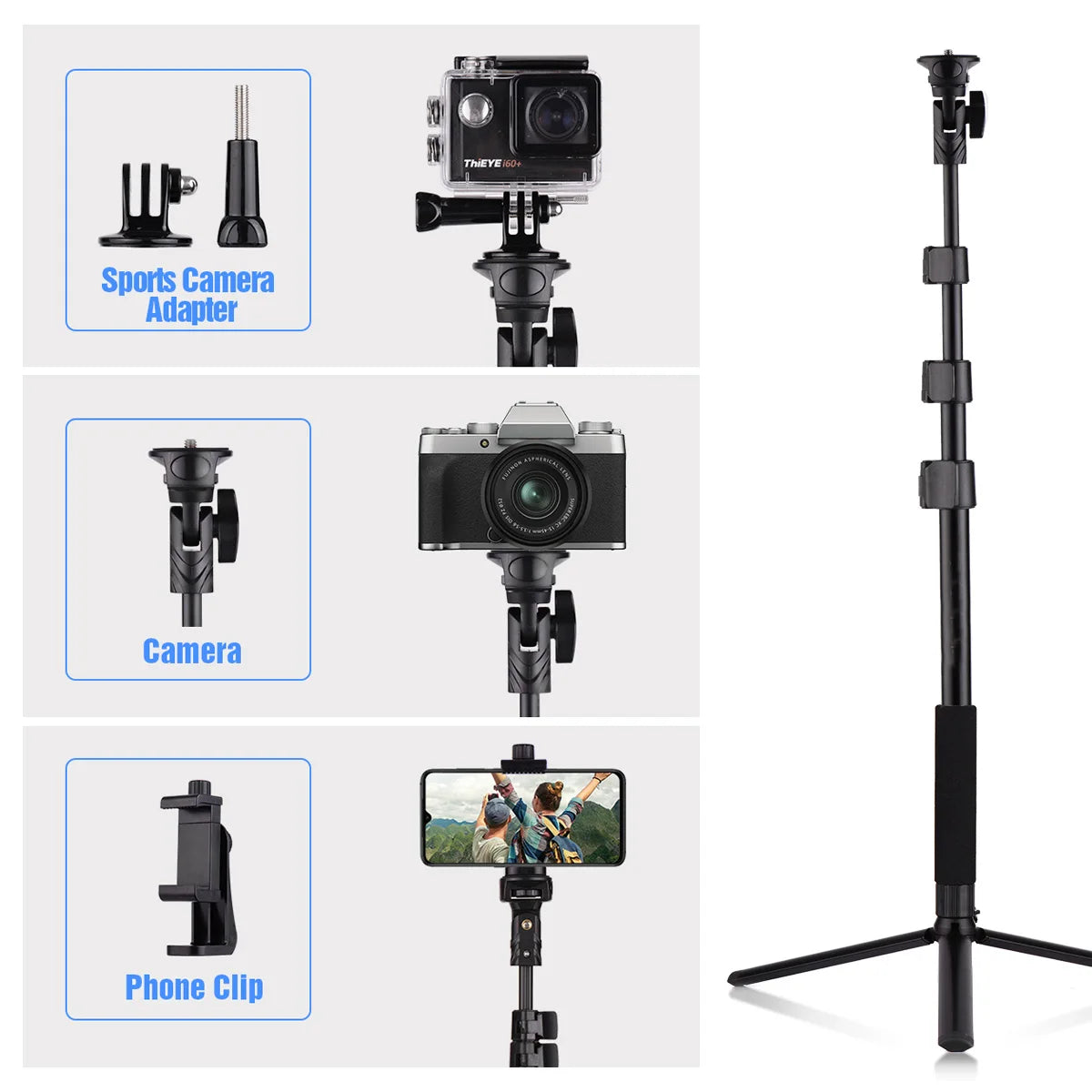 54-in Extendable Selfie Stick Tripod Stand Aluminum Alloy with Phone Holder Mount Adapter Remote Shutter