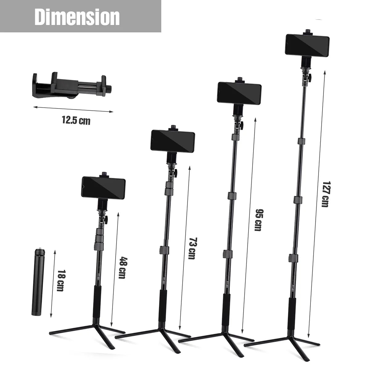 54-in Extendable Selfie Stick Tripod Stand Aluminum Alloy with Phone Holder Mount Adapter Remote Shutter